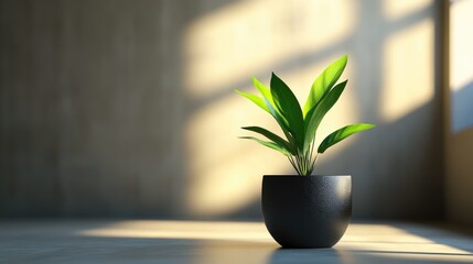 A single green plant in a sleek black pot with a clean, bright background, emphasizing contemporary style and freshness