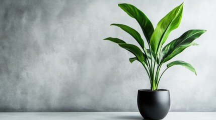 A single green plant in a sleek black pot with a clean, bright background, emphasizing contemporary style and freshness