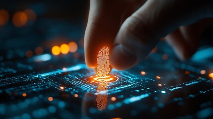 Poster - Businessman using fingerprint identification to access personal financial data Idea for Ekyc electronic know your customer biometrics security innovation technology against digital cyb : Generative AI