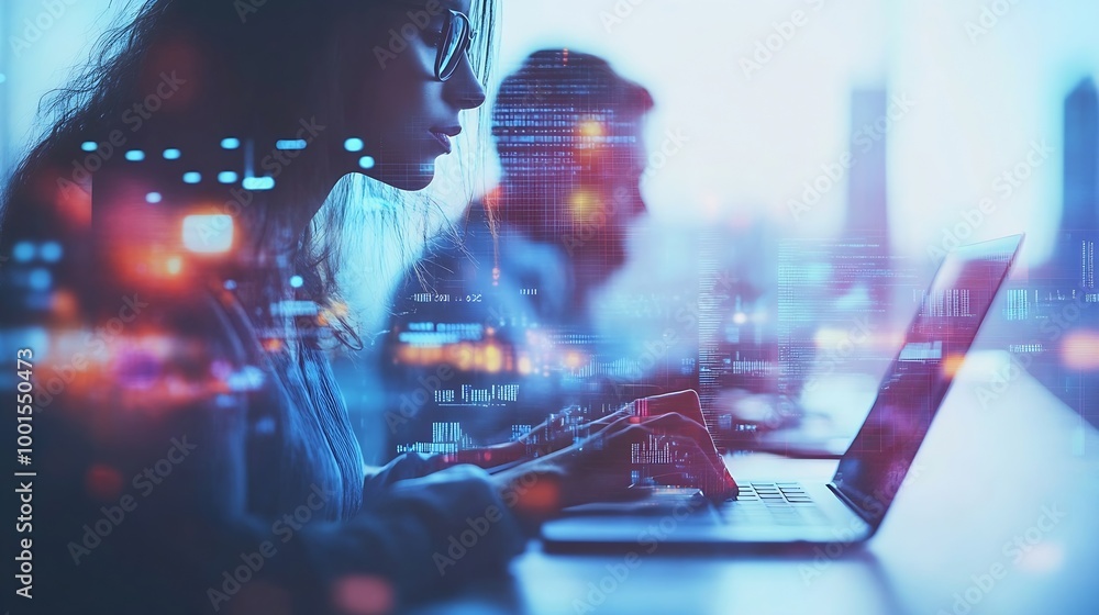Image of data processing over diverse business people using laptop ...