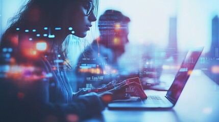 Wall Mural - image of data processing over diverse business people using laptop global business and digital inter