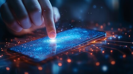 Leinwandbilder - Businessman using fingerprint smartphone business and financial data with virtual graphic data information diagram network connectionbiometrics security innovation technology against d : Generative AI