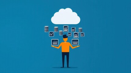 Data engineer designing pipeline, database and cloud icons, flat design illustration