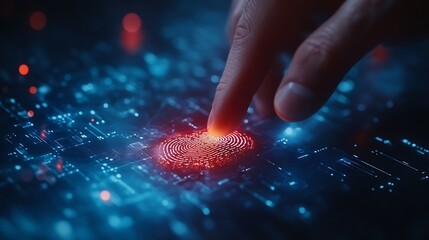 Poster - Businessman using fingerprint indentification to access personal financial data biometrics security innovation technology against digital cybercrimeidentification and security scanning : Generative AI