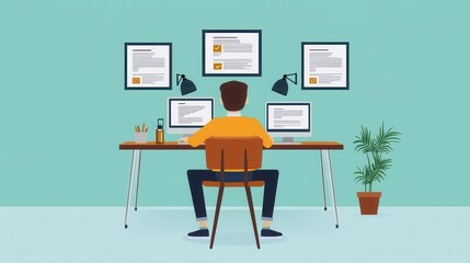 Software engineer reviewing code, feedback and approval icons, flat design illustration
