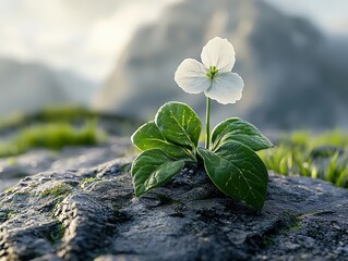 Wall Mural - White Flower Blooming on a Rocky Surface