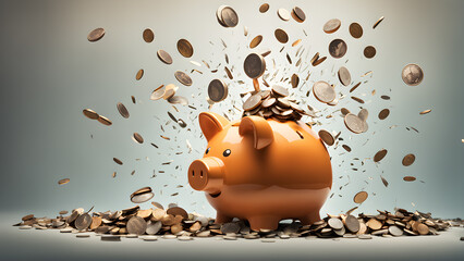 saving money by adding coin in pig shaped bank after retirement and record keeping of income, expenditure, savings and financial concepts. Generative Ai.