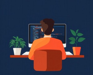 Programmer writing script in multiple languages, screens with code, flat design illustration