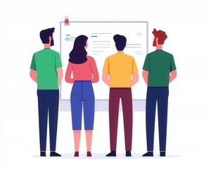 team of coders collaborating on project, whiteboard with ideas, flat design illustration