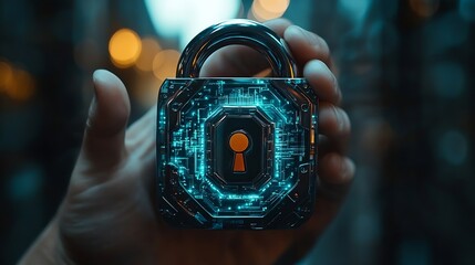 Poster - Cyber security Hand hold digital padlock Login verified identity credentials on network of data protection technologyOnline internet authorized access against cyber attack and business : Generative AI