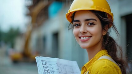Poster - Woman portrait and happy at construction site with blueprint documents and helmet for safety at job Person engineer or contractor with paperwork plan and water level for architecture i : Generative AI