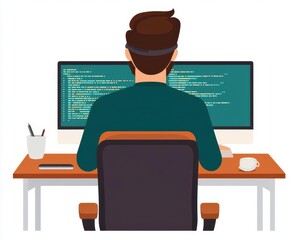 Programmer writing script in multiple languages, screens with code, flat design illustration