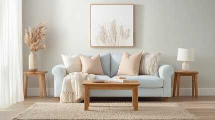 A living room with a couch, coffee table, and two end tables. The couch is blue and has pillows on it. A framed picture hangs on the wall. A vase with flowers sits on a table