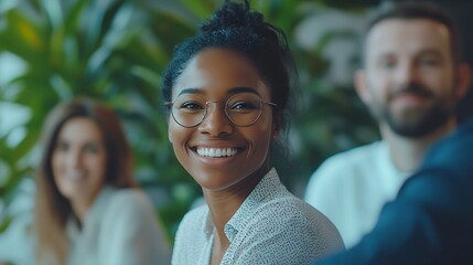 Aufkleber - Happy business people smile during a planning meeting in a startup marketing agency office Diversity collaboration and teamwork in a healthy work environment in an international advert : Generative AI