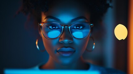 Fototapete - Tablet night reading business woman with glasses for social media marketing digital analytics or website review in office Manager entrepreneur or black woman check online international : Generative AI