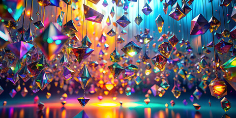 Canvas Print - chromatic cascade: a mesmerizing digital art piece depicting a vibrant rain of iridescent geometric 