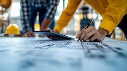 Aufkleber - Close up of smart business team hand working together to plan design while looking at project plan from tablet and discussing about blueprint and building construction at meeting table : Generative AI