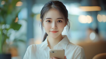 Leinwandbilder - Business woman smartphone at office with motion blur and communication fast pace and busy with technology and wifi Chat email and social media female and speed with movement and mobile : Generative AI