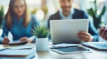 Leinwandbilder - Digital tablet meeting and business people with laptop in office for creative thinking or brainstorming Team collaboration and online planning search and discussion for email marketing : Generative AI