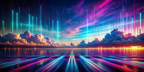 Sticker - Neon Dreamscape: A vibrant, surreal landscape unfolds, where neon lights pierce a breathtaking sunset sky above a reflective, ethereal road.