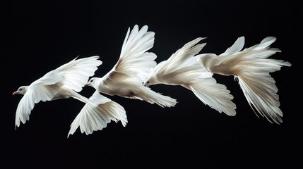 Cluster of white feathers gracefully drifting in mid-air with a pitch-black backdrop, highlighting their elegance