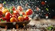 © familymedia - A vibrant image of tomatoes in a bowl as water splashes energetically, highlighting the freshness and lively nature of food in an engaging visual style of photography.