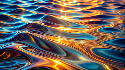 Wall Mural - Liquid Sunset: Abstract Waves of Molten Gold and Sapphire.  A mesmerizing digital art piece showcasing the interplay of light and color on a fluid surface, reminiscent of a sunset reflecting on water.