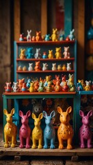 Wall Mural - Colorful toy stall adorned with cheerful animal figures for a festive theme.