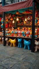 Wall Mural - Colorful toy stall adorned with cheerful animal figures for a festive theme.