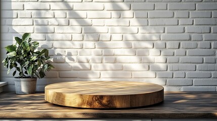 Fototapete - Empty wooden pedestal on kitchen table before white brick wall : Generative AI