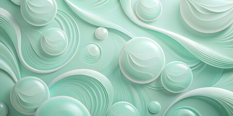 Poster - Abstract Mint Green Circles and Waves: A captivating abstract pattern featuring soft, pastel mint green circles and delicate, flowing white waves, creating a soothing and elegant visual.  