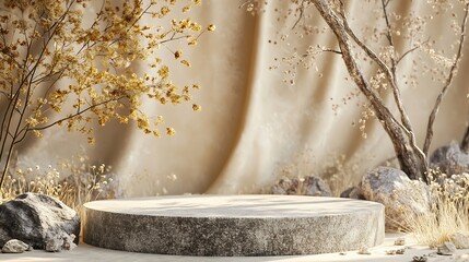 Aufkleber - Composition empty podium material tree stone dry flowers Product presentation Background beige green Beautiful background from natural materials : Generative AI