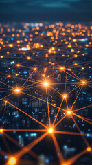 Poster - Vibrant orange lights connect buildings and streets in a futuristic urban city at night, symbolizing technology and communication in the digital age