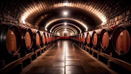 wine barrels aging gracefully in a dimly lit winery cellar