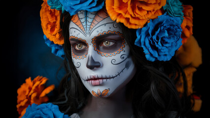 young woman with vibrant face paint of a sugar skull adorned with vibrant flowers. Catrina Calavera. Day of the Dead. the image embodies the spirit of Mexico's cultural holiday and traditions. 