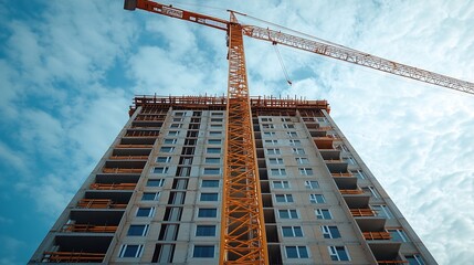 A crane and a building under construction against a blue sky background Builders work on large construction sites Building a house is not necessary for new highrise buildings : Generative AI