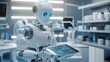 © nikomsolftwaer - AI robot using a tablet to perform diagnostics, sleek medical lab with cutting-edge technology