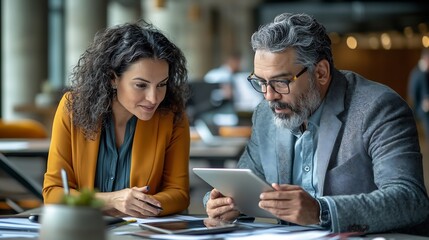 Team of diverse partners mature Latin business man and European business woman discussing project on tablet sitting at table in office Two colleagues of professional business people wo : Generative AI