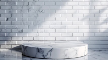 Fototapete - Empty marble podium on bathroom table before white brick wall : Generative AI