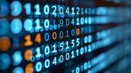 Binary code data on a digital screen in blue tones