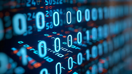 Binary code data on a digital screen in blue tones