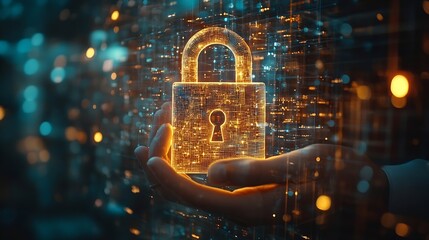 Fototapete - Cyber security and data protection businessman holding padlock Internet network security system protecting business and financial transaction data from cyberattacks secure data encrypt : Generative AI