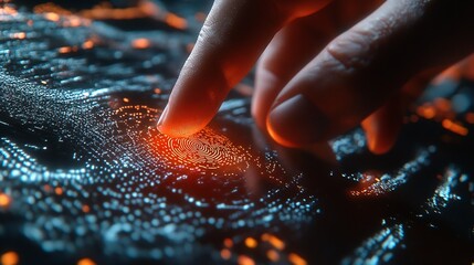 Fototapete - The man gains access to the personal information of the holograms with fingerprint identification Modern technologies cloud data storage : Generative AI