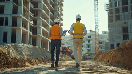 Poster - team of Construction workers Senior architect or civil engineer and foreman walking and discussion to inspection or checking structure apartment with tablet computer at construction si : Generative AI