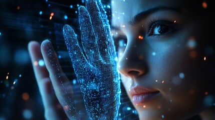 Leinwandbilder - Cyber security data protection Woman using mobile phone and fingerprint or face id scan to access personal data security on secured network connection Biometric technology data encrypt : Generative AI