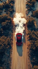 Wall Mural - Aerial top view car drifting diffusion race drift car with lots of smoke from burning tires on speed track, Professional driver drifting car with lots of white smoke.