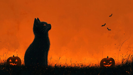 A black cat rests in a shadowy field under an orange sky