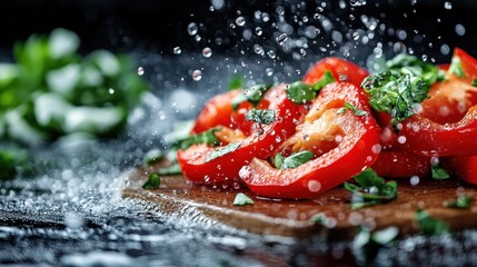 Bright red bell pepper slices are artfully arranged on a wooden cutting board, adorned with fresh herbs, creating a vibrant culinary scene full of flavor.