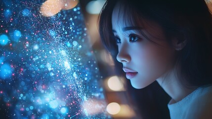 Fototapete - Digital technology internet network connection global business concept Woman using modern computer surfing the internet data exchange digital marleting innovative technology background : Generative AI
