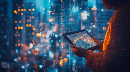 Fototapete - Digital marketing data exchange global business Businessman using digital tablet computer double exposure with smart city online marketing data transfer global internet network technol : Generative AI